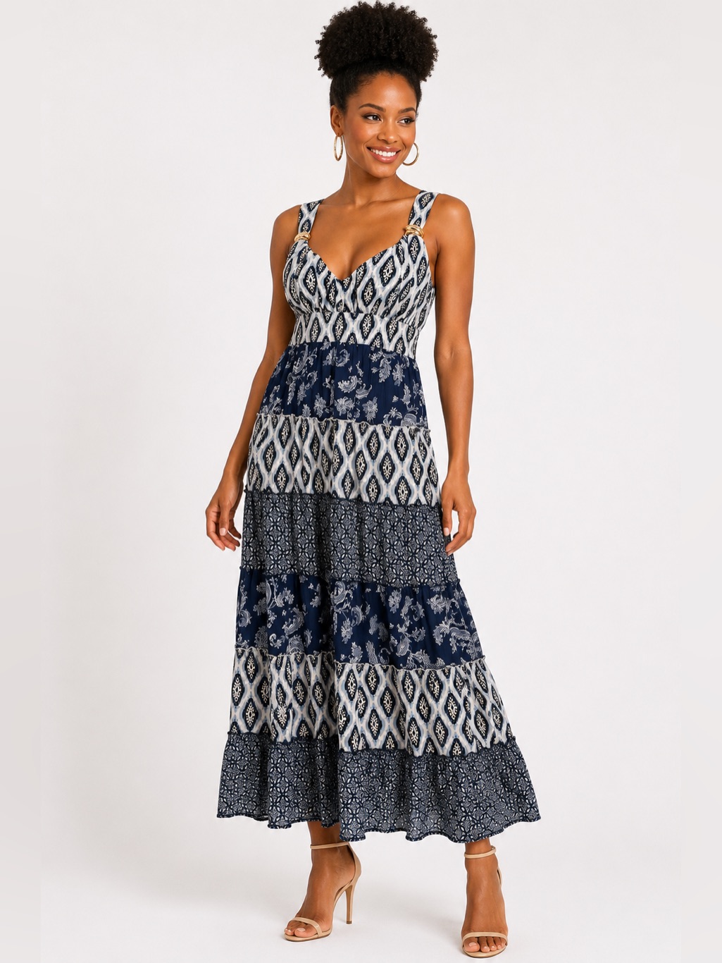 A Hint Of Blush Blue Mixed Print Smocked Tiered Maxi Dress Xl Nwt